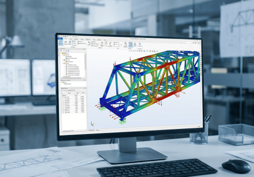 Detailed 3D CAD model of a complex steel structure on screen