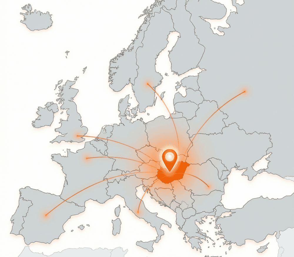 Map of Europe highlighting the Kapos Atlas production site in Kaposvár, Hungary