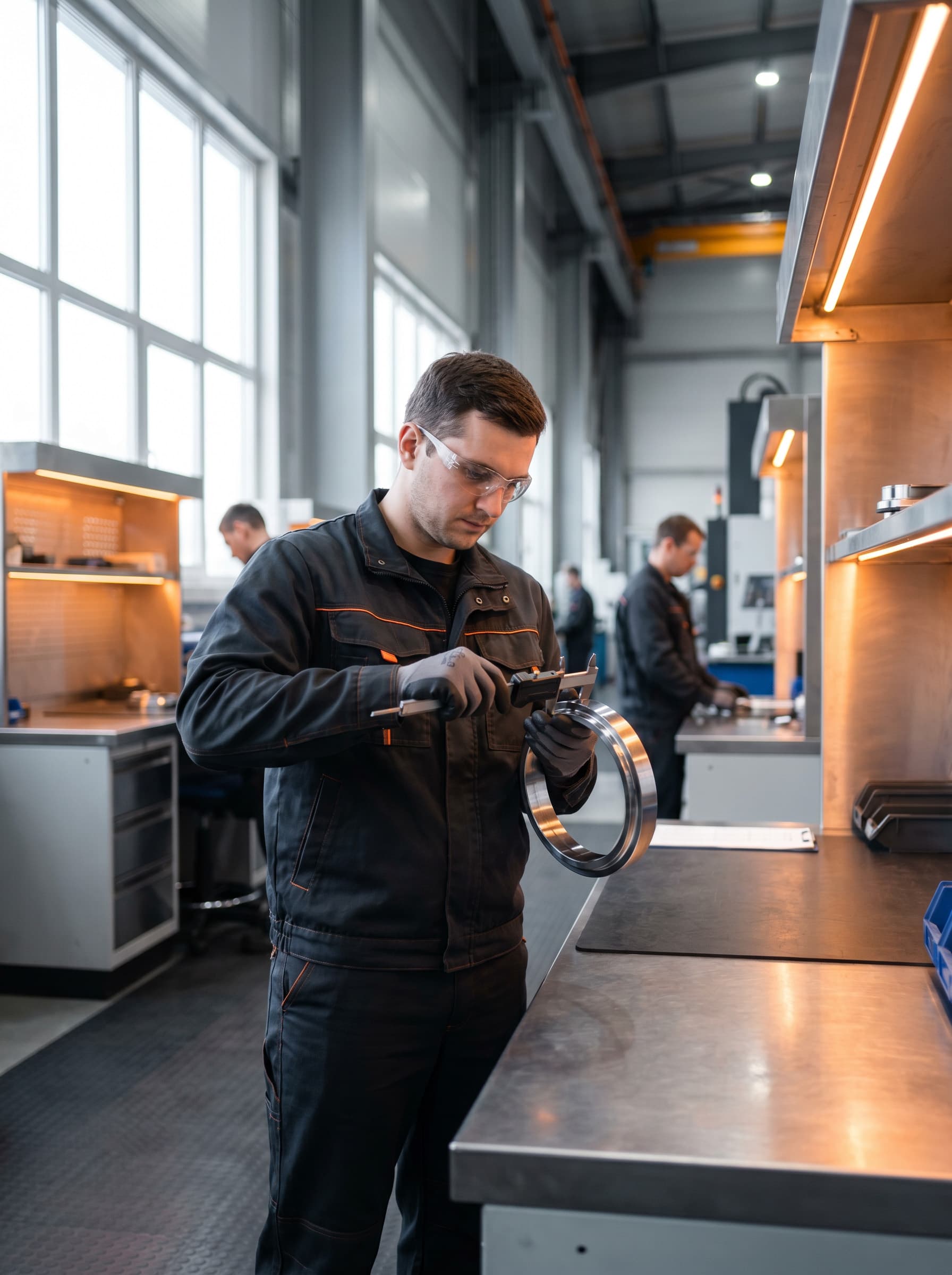 Kapos Atlas employee performing quality control on a precision-machined steel ring component in the production hall