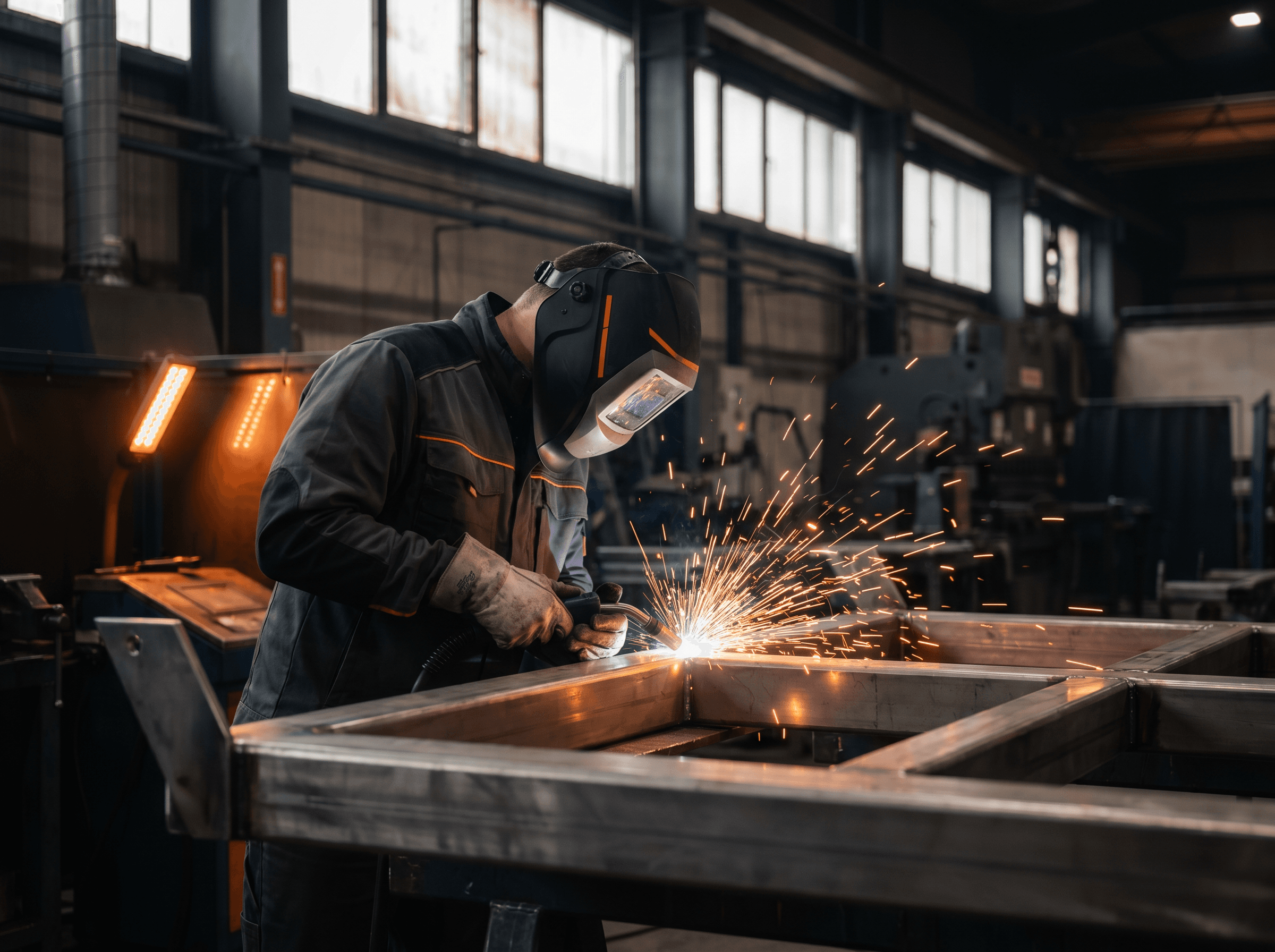 Welder fabricating a steel frame in the Kapos Atlas production hall